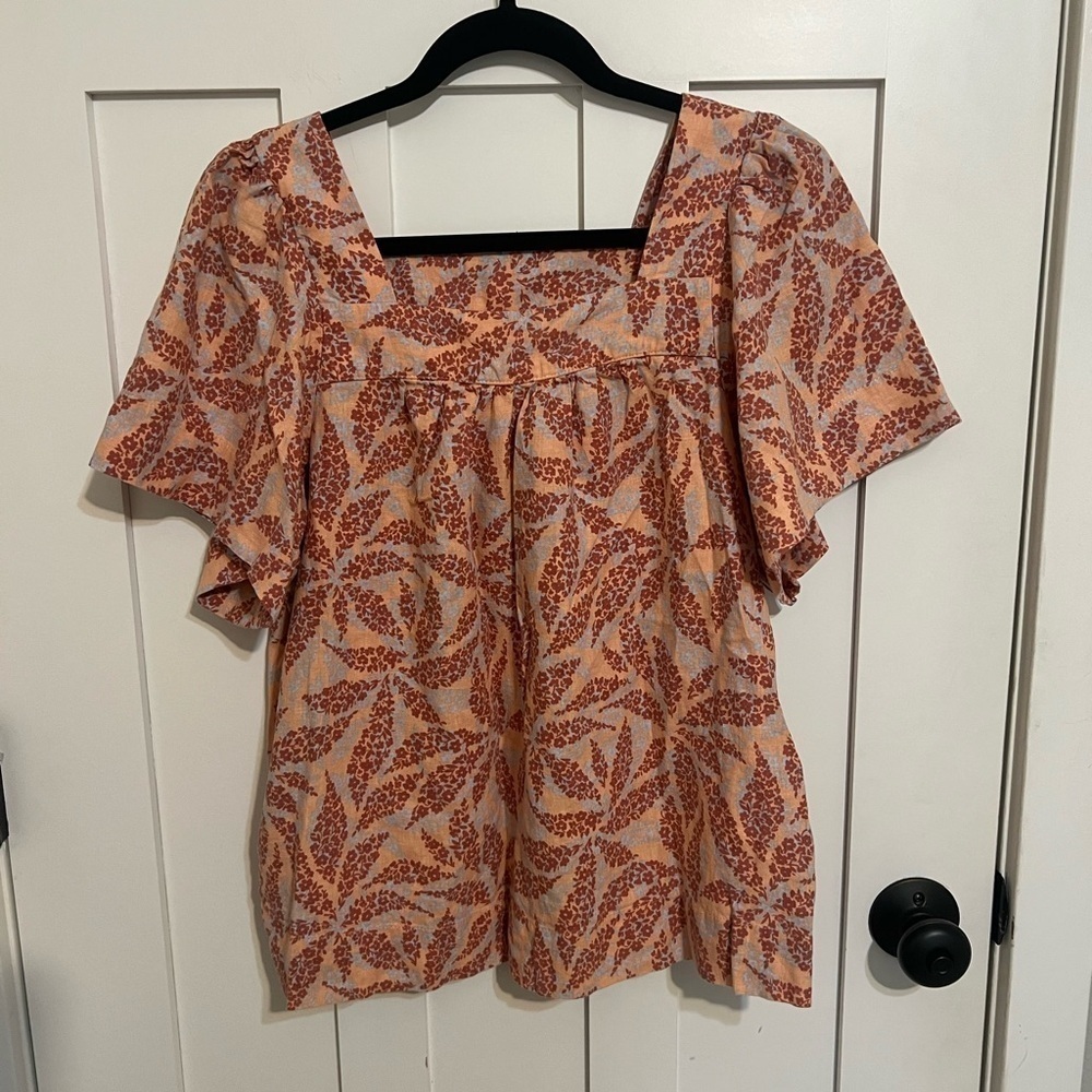 Ecothreads Square Neck Flutter Short Sleeve Top Linen Viscose Blend Size Medium